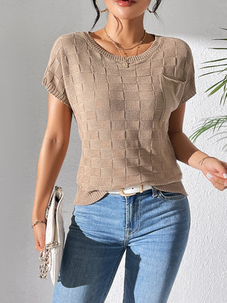 Shop Camel Round Neck Short Sleeve Knit Top - High-Quality U.S. Made Women’s Fashion with Free & Fast Shipping