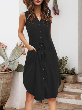 Shop Drawstring Button Up Notched Sleeveless Dress - High-Quality U.S. Made Women’s Fashion with Free Fast Shipping