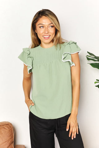 Shop Light Green Pleated Detail Flutter Sleeve Blouse - High-Quality U.S. Made Women’s Fashion with Free & Fast Shipping