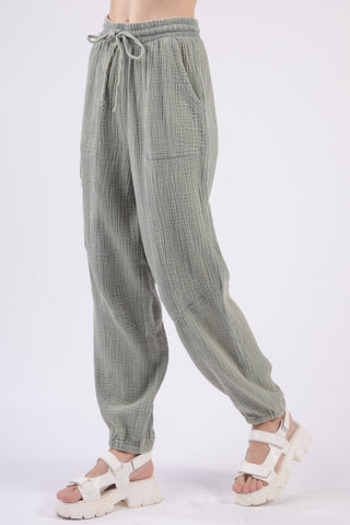 Shop VERY J Washed Woven Crinkle Gauze Drawstring Pants - High-Quality U.S. Made Women’s Fashion with Free & Fast Shipping