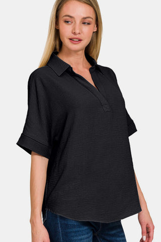 Shop Zenana Full Size Texture Collared Neck Short Sleeve Top - High-Quality U.S. Made Women’s Fashion with Free & Fast Shipping