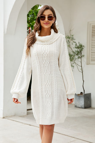 Shop Woven Right Mixed Knit Turtleneck Lantern Sleeve Sweater Dress - High-Quality U.S. Made Women’s Fashion with Free Fast Shipping