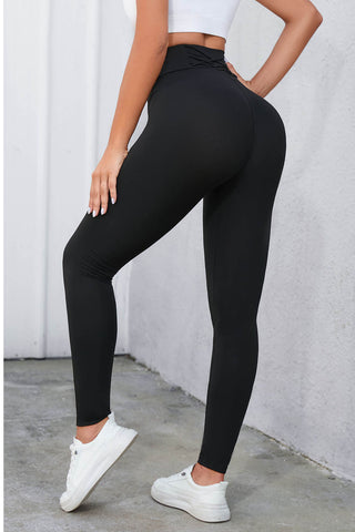 Shop Black Crisscross Detail Wide Waistband Leggings - High-Quality U.S. Made Women’s Fashion with Free & Fast Shipping