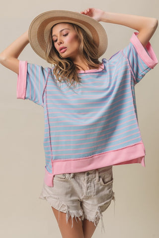 Shop Lt Blue Blush BiBi Exposed Seam Stripe Contrast T-Shirt - High-Quality U.S. Made Women’s Fashion with Free & Fast Shipping