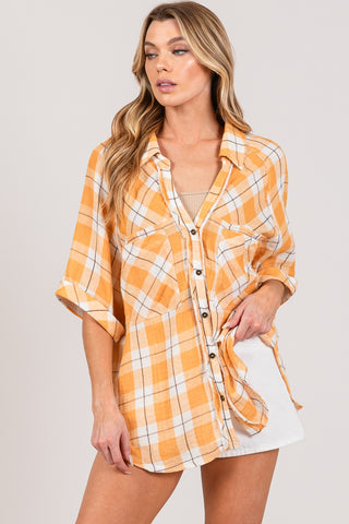 Shop SAGE + FIG Plaid Button Up Side Slit Shirt - High-Quality U.S. Made Women’s Fashion with Free & Fast Shipping