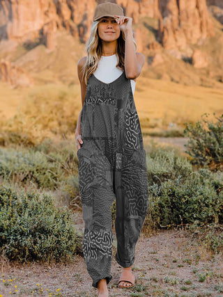 Shop Dark Gray Full Size Printed V-Neck Sleeveless Jumpsuit - High-Quality U.S. Made Women’s Fashion with Free & Fast Shipping