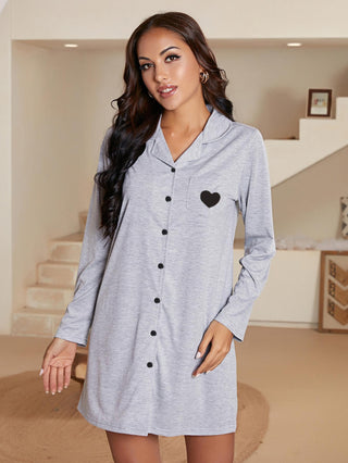 Shop Heart Graphic Lapel Collar Long Sleeve Night Dress - High-Quality U.S. Made Women’s Fashion with Free Fast Shipping