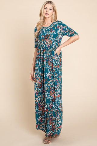 Shop Teal BOMBOM Printed Shirred Maxi Dress - High-Quality U.S. Made Women’s Fashion with Free & Fast Shipping