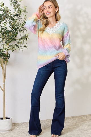 Shop BiBi Rainbow Gradient Crochet Deetail Sweater - High-Quality U.S. Made Women’s Fashion with Free Fast Shipping