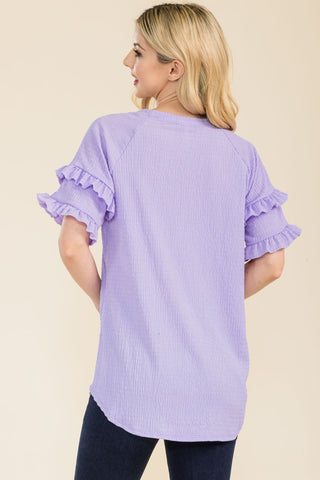 Shop Celeste Full Size Ruffle Short Sleeve Texture Top - High-Quality U.S. Made Women’s Fashion with Free & Fast Shipping