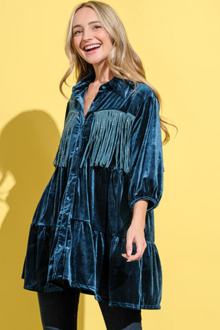 Shop And The Why Fringe Detailed Velvet Shirt Dress - High-Quality U.S. Made Women’s Fashion with Free & Fast Shipping