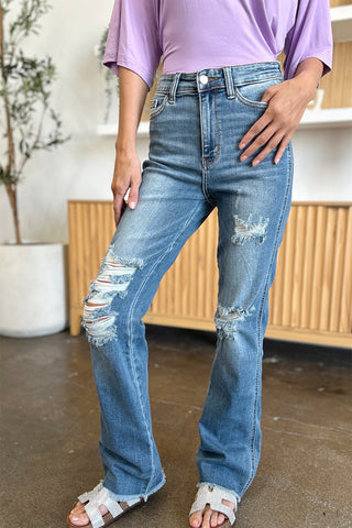 Shop Judy Blue Full Size Distressed Raw Hem Bootcut Jeans - High-Quality U.S. Made Women’s Fashion with Free & Fast Shipping