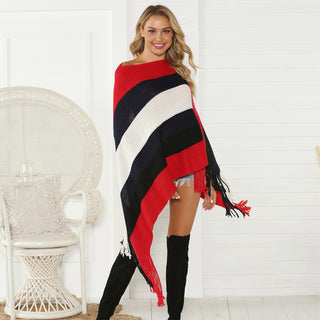 Shop Striped Fringe Trim Poncho - High-Quality U.S. Made Women’s Fashion with Free Fast Shipping