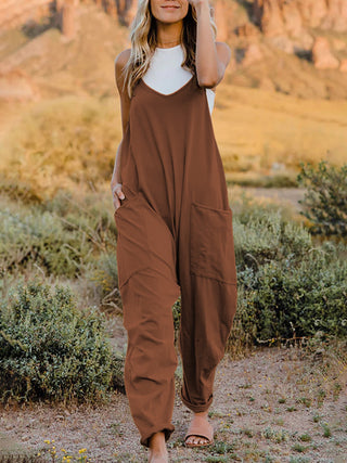 Shop Brown Double Take Full Size Sleeveless V-Neck Pocketed Jumpsuit - High-Quality U.S. Made Women’s Fashion with Free & Fast Shipping