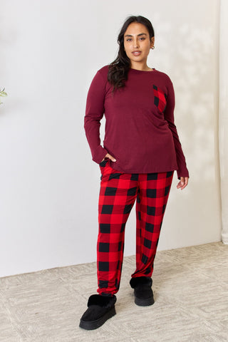 Shop Dark Burgundy Zenana Full Size Plaid Round Neck Top and Pants Pajama Set - High-Quality U.S. Made Women’s Fashion with Free & Fast Shipping