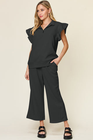 Shop Double Take Texture Ruffle Short Sleeve Top and Drawstring Wide Leg Pants Set - High-Quality U.S. Made Women’s Fashion with Free Fast Shipping