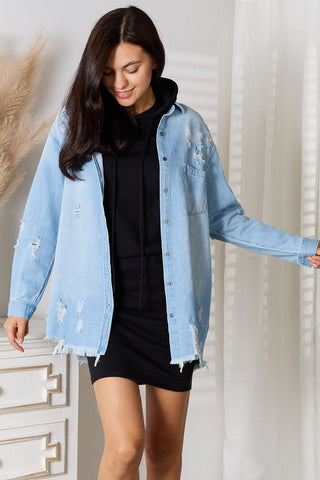 Shop RISEN Full Size Distressed Raw Hem Denim Jacket - High-Quality U.S. Made Women’s Fashion with Free & Fast Shipping