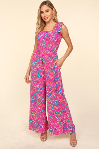 Shop Fuchsia Haptics Printed Smocked Sleeveless Jumpsuit - High-Quality U.S. Made Women’s Fashion with Free & Fast Shipping