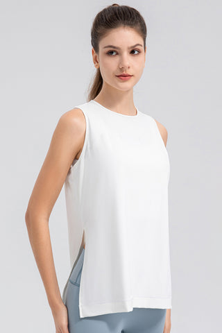 Shop White Slit Round Neck Tank - High-Quality U.S. Made Women’s Fashion with Free & Fast Shipping