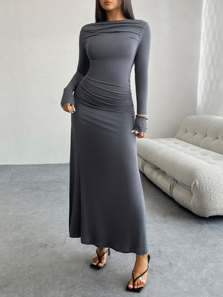 Shop Dark Gray Devine Ruched Long Sleeve Maxi Dress - High-Quality U.S. Made Women’s Fashion with Free & Fast Shipping