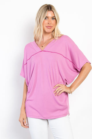 Shop Charm Pink Be Stage Full Size V-Neck Short Sleeve Ribbed Top - High-Quality U.S. Made Women’s Fashion with Free & Fast Shipping