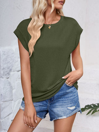 Shop Lovelet Textured Round Neck Cap Sleeve Blouse - High-Quality U.S. Made Women’s Fashion with Free & Fast Shipping