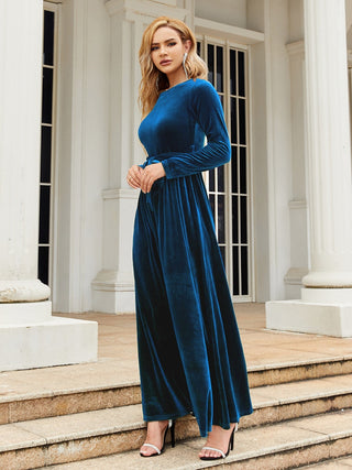 Shop Indigo Tie Front Round Neck Long Sleeve Maxi Dress - High-Quality U.S. Made Women’s Fashion with Free & Fast Shipping