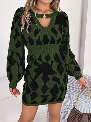 Shop Army Green Contrast Round Neck Cutout Long Sleeve Mini Sweater Dress - High-Quality U.S. Made Women’s Fashion with Free & Fast Shipping