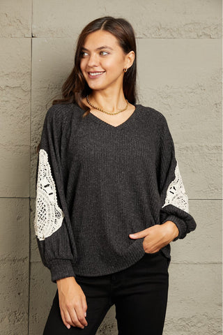 Shop Black Sew In Love Full Size Lace Patch Detail Sweater - High-Quality U.S. Made Women’s Fashion with Free & Fast Shipping