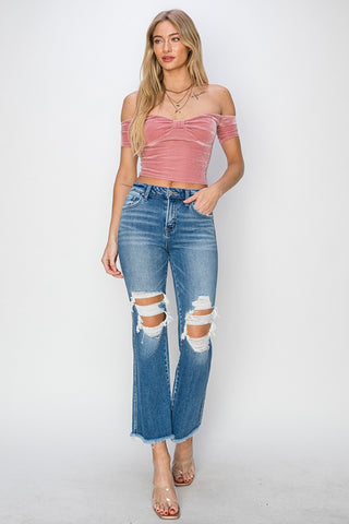 Shop RISEN Mid Rise Distressed Cropped Flare Jeans - High-Quality U.S. Made Women’s Fashion with Free & Fast Shipping