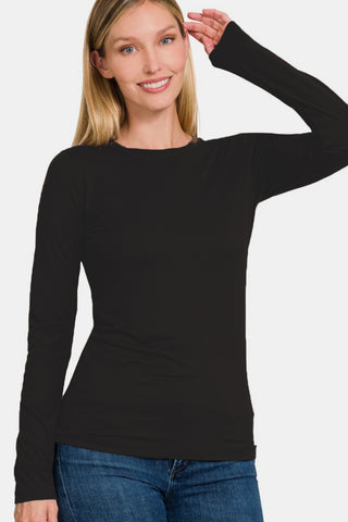 Shop Zenana Ful Size Brushed Microfiber Long Sleeve Round Neck T-Shirt - High-Quality U.S. Made Women’s Fashion with Free & Fast Shipping