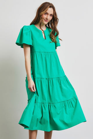 Shop Emerald Green HEYSON Full Size Cotton Poplin Ruffled Tiered Midi Dress - High-Quality U.S. Made Women’s Fashion with Free & Fast Shipping