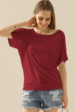 Shop BURGUNDY Ninexis Boat Neck Short Sleeve Ruched Side Top - High-Quality U.S. Made Women’s Fashion with Free & Fast Shipping