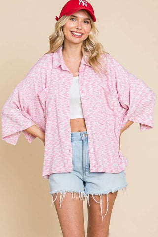 Shop FLAMINGO PINK Culture Code Button Up Drop Shoulder Slit Shirt - High-Quality U.S. Made Women’s Fashion with Free & Fast Shipping