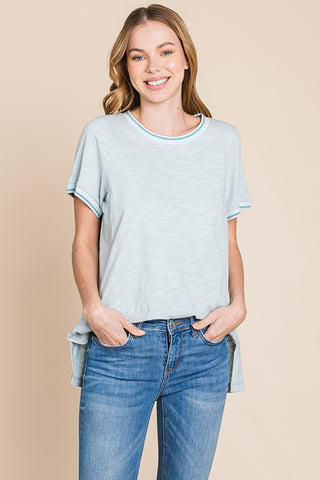 Shop Cotton Bleu by Nu Lab Contrast Trim Short Sleeve Slit T-Shirt - High-Quality U.S. Made Women’s Fashion with Free & Fast Shipping