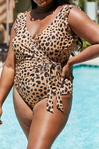 Shop Marina West Swim Full Size Float On Ruffle Faux Wrap One-Piece in Leopard - High-Quality U.S. Made Women’s Fashion with Free Fast Shipping