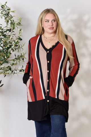 Shop Rust Stripe Celeste Full Size Striped Button Up Long Sleeve Cardigan - High-Quality U.S. Made Women’s Fashion with Free & Fast Shipping