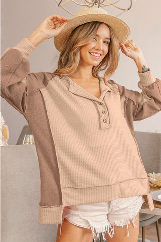 Shop OATMEAL BiBi Half Button Exposed Seam Contrast Waffle Top - High-Quality U.S. Made Women’s Fashion with Free & Fast Shipping