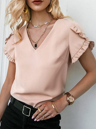 Shop Frill V-Neck Short Sleeve Blouse - High-Quality U.S. Made Women’s Fashion with Free Fast Shipping