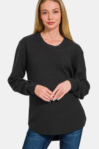 Shop Zenana Ful Size Round Neck Long Sleeve Curved Hem Sweater - High-Quality U.S. Made Women’s Fashion with Free Fast Shipping