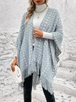 Shop Misty Blue Open Front Fringe Hem Poncho - High-Quality U.S. Made Women’s Fashion with Free & Fast Shipping