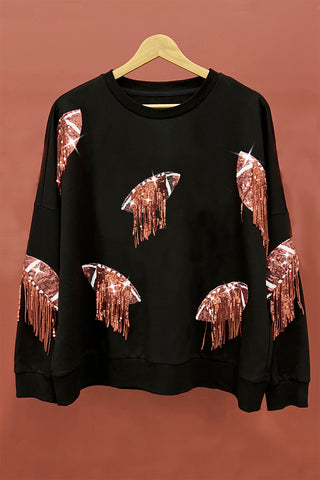 Shop BiBi Sequin Fringe Football Patch Round Neck Sweatshirt - High-Quality U.S. Made Women’s Fashion with Free & Fast Shipping