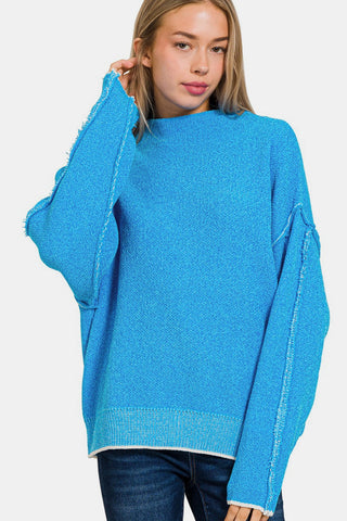 Shop Deep Sky Zenana Exposed Seam Mock Neck Long Sleeve Sweater - High-Quality U.S. Made Women’s Fashion with Free & Fast Shipping