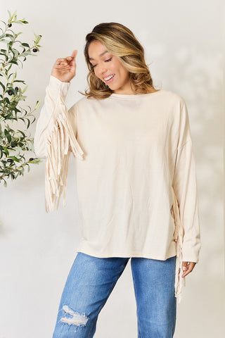 Shop Celeste Full Size Fringe Detail Long Sleeve Blouse - High-Quality U.S. Made Women’s Fashion with Free & Fast Shipping