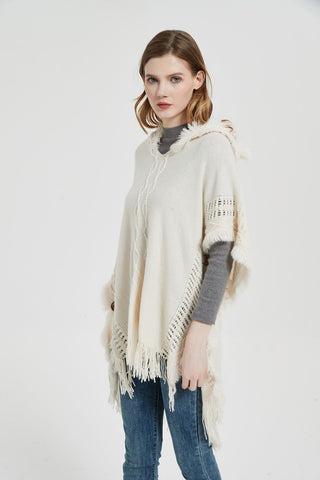 Shop Fringe Hem Hooded Poncho - High-Quality U.S. Made Women’s Fashion with Free Fast Shipping