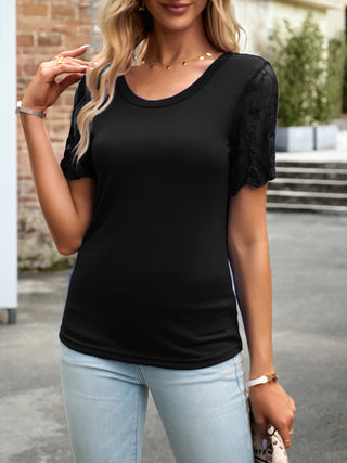 Shop Devine Lace Detail Round Neck Short Sleeve T-Shirt - High-Quality U.S. Made Women’s Fashion with Free Fast Shipping