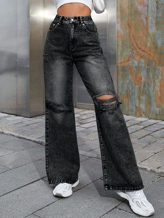 Shop Dark Gray Distressed Wide Leg Jeans with Pockets - High-Quality U.S. Made Women’s Fashion with Free & Fast Shipping