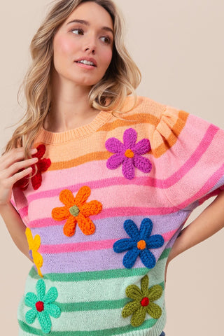 Shop BiBi Flower Patch Puff Sleeve Striped Sweater - High-Quality U.S. Made Women’s Fashion with Free & Fast Shipping