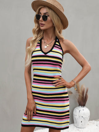 Shop Striped Halter Neck Mini Sweater Dress - High-Quality U.S. Made Women’s Fashion with Free Fast Shipping