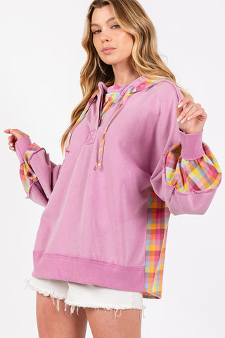 Shop SAGE + FIG Full Size Plaid Print Washed Hoodie - High-Quality U.S. Made Women’s Fashion with Free & Fast Shipping